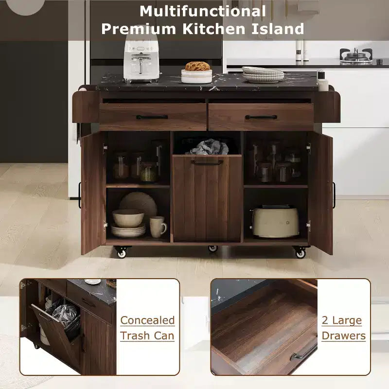 Kitchen Island with Trash Can Storage Cabinet, Kitchen Cart with Drop Leaf, Rolling Kitchen Island on Wheels with Adjustable Shelf and Drawer