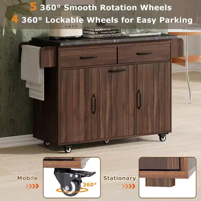 Kitchen Island with Trash Can Storage Cabinet, Kitchen Cart with Drop Leaf, Rolling Kitchen Island on Wheels with Adjustable Shelf and Drawer