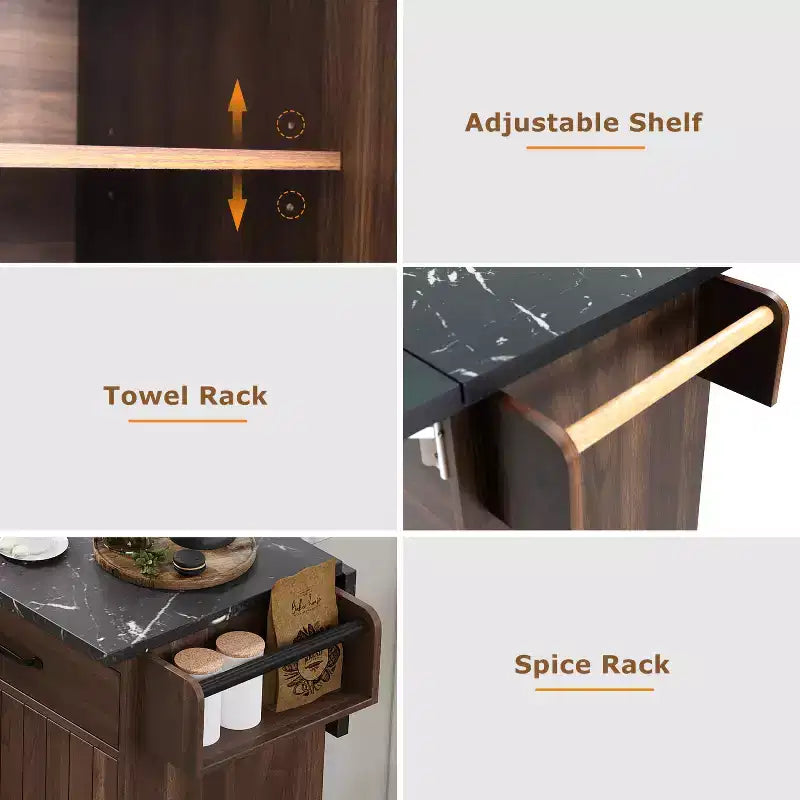 Kitchen Island with Trash Can Storage Cabinet, Kitchen Cart with Drop Leaf, Rolling Kitchen Island on Wheels with Adjustable Shelf and Drawer