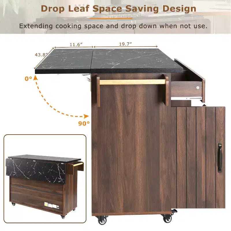 Kitchen Island with Trash Can Storage Cabinet, Kitchen Cart with Drop Leaf, Rolling Kitchen Island on Wheels with Adjustable Shelf and Drawer