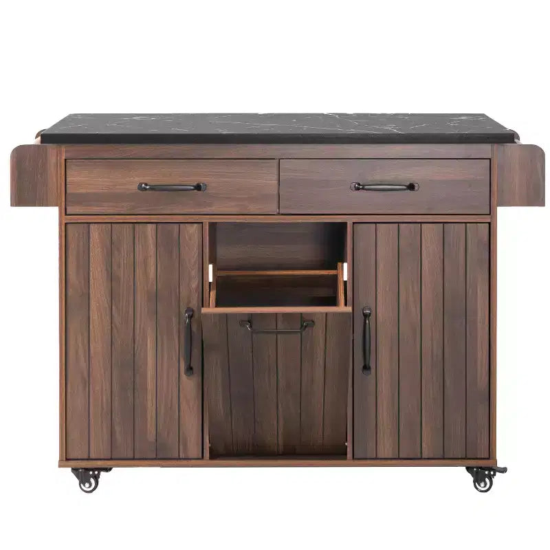 Kitchen Island with Trash Can Storage Cabinet, Kitchen Cart with Drop Leaf, Rolling Kitchen Island on Wheels with Adjustable Shelf and Drawer
