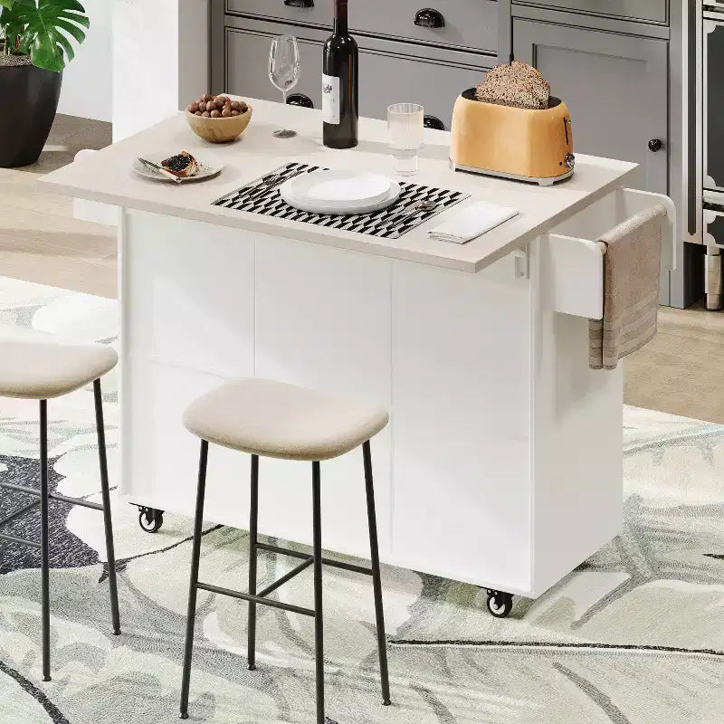 Kitchen Island with Trash Can Storage Cabinet, Kitchen Cart with Drop Leaf, Rolling Kitchen Island on Wheels with Adjustable Shelf and Drawer