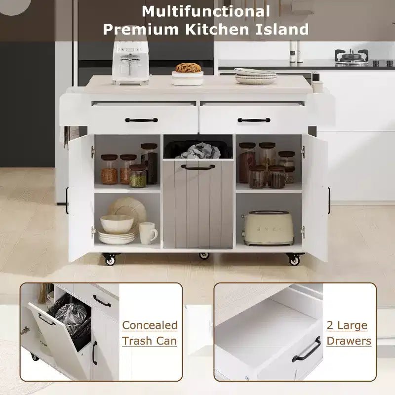 Kitchen Island with Trash Can Storage Cabinet, Kitchen Cart with Drop Leaf, Rolling Kitchen Island on Wheels with Adjustable Shelf and Drawer