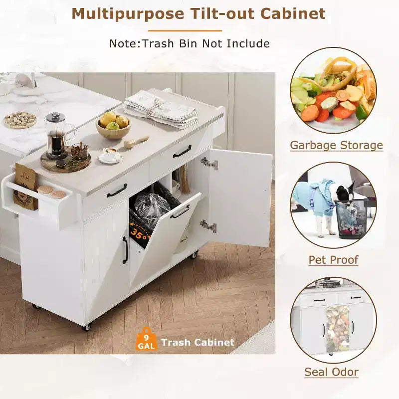 Kitchen Island with Trash Can Storage Cabinet, Kitchen Cart with Drop Leaf, Rolling Kitchen Island on Wheels with Adjustable Shelf and Drawer