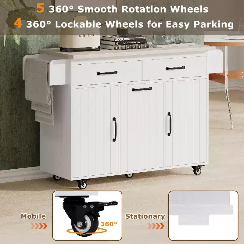 Kitchen Island with Trash Can Storage Cabinet, Kitchen Cart with Drop Leaf, Rolling Kitchen Island on Wheels with Adjustable Shelf and Drawer