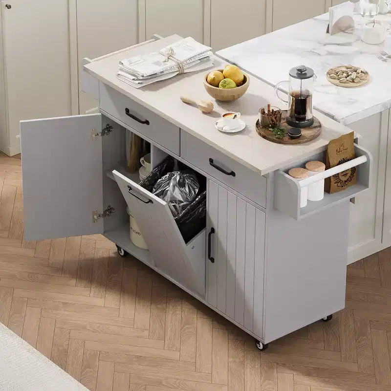 Kitchen Island with Trash Can Storage Cabinet, Kitchen Cart with Drop Leaf, Rolling Kitchen Island on Wheels with Adjustable Shelf and Drawer