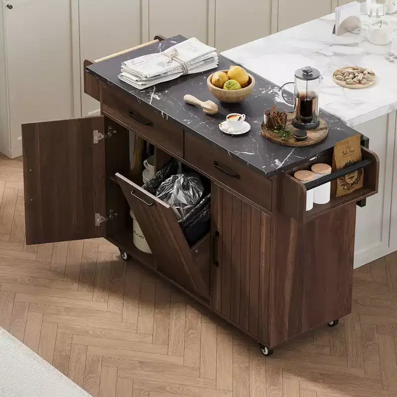 Kitchen Island with Trash Can Storage Cabinet, Kitchen Cart with Drop Leaf, Rolling Kitchen Island on Wheels with Adjustable Shelf and Drawer