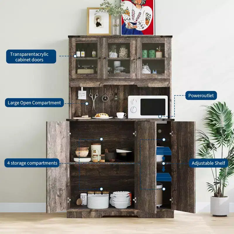 Freestanding Kitchen Pantry Cabinet with Acrylic Doors, 70'' Kitchen Hutch Storage Cabinet with Microwave Stand, Cupboard Coffee Bar Food Pantry