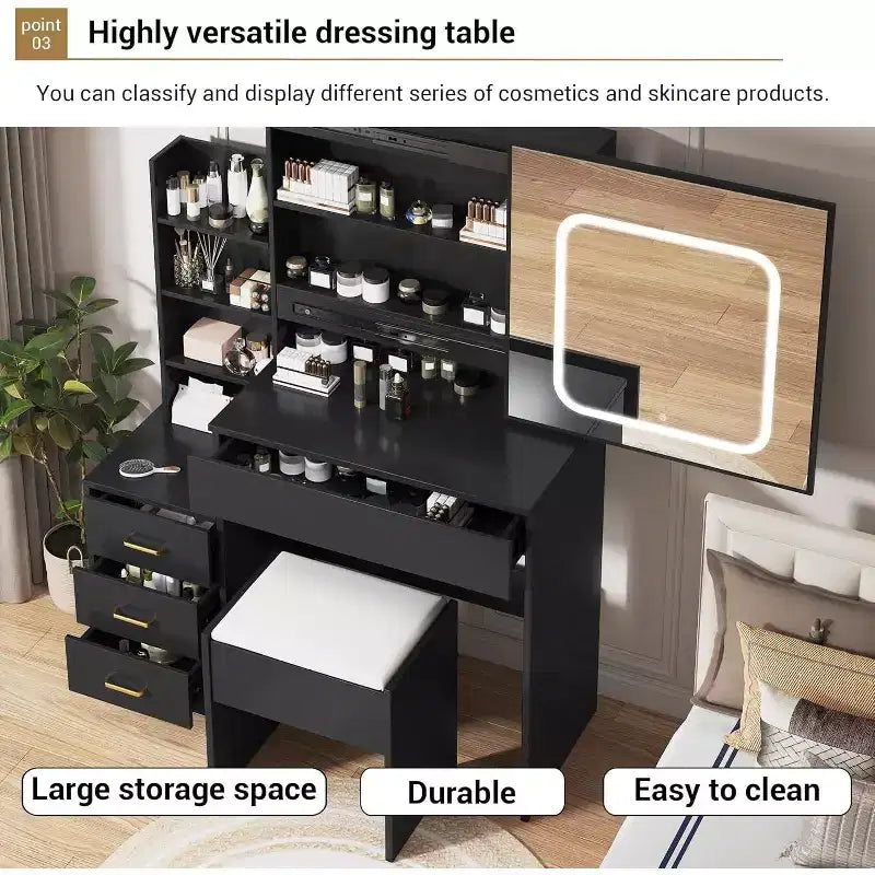 Black Sliding Mirror Vanity Desk with Adjustable Lighting, Power Outlet, and Storage Drawers for Bedroom