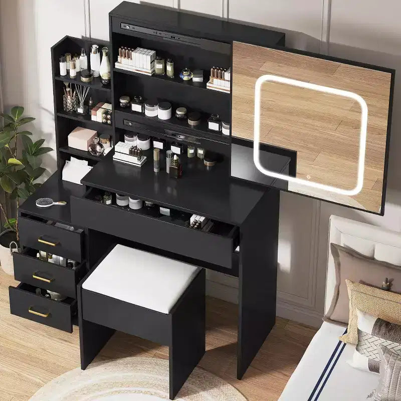 Black Sliding Mirror Vanity Desk with Adjustable Lighting, Power Outlet, and Storage Drawers for Bedroom