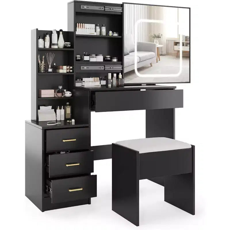 Black Sliding Mirror Vanity Desk with Adjustable Lighting, Power Outlet, and Storage Drawers for Bedroom