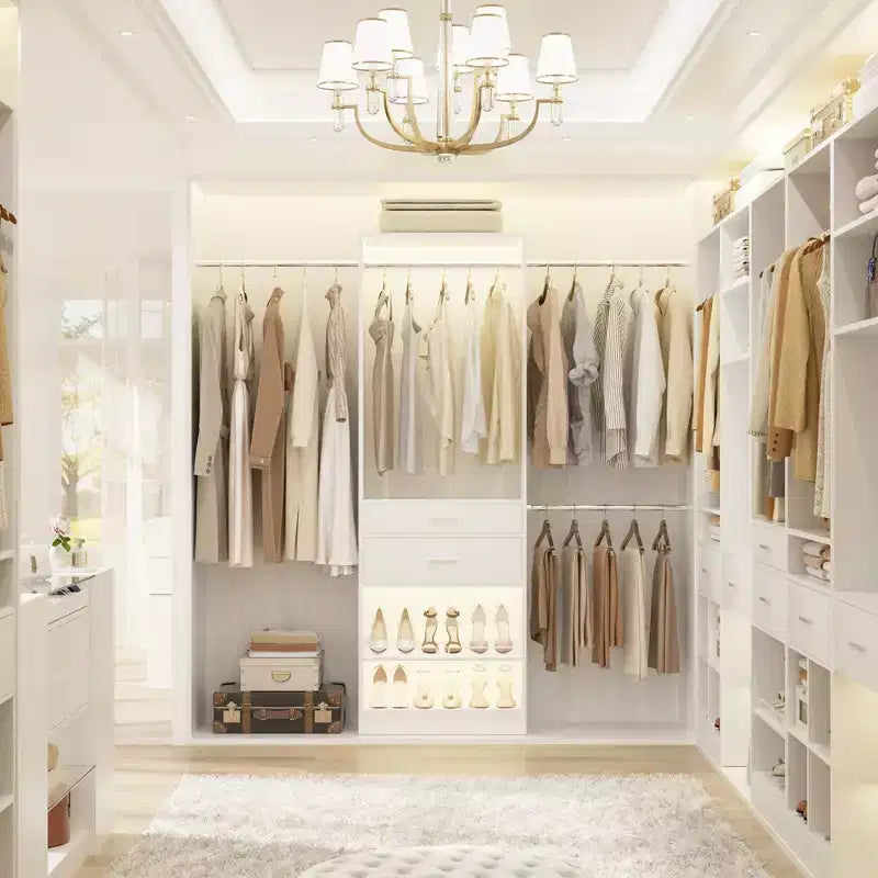 8FT Closet Organizer with Extendable Hanging Rod, Wood Closet System with Drawer