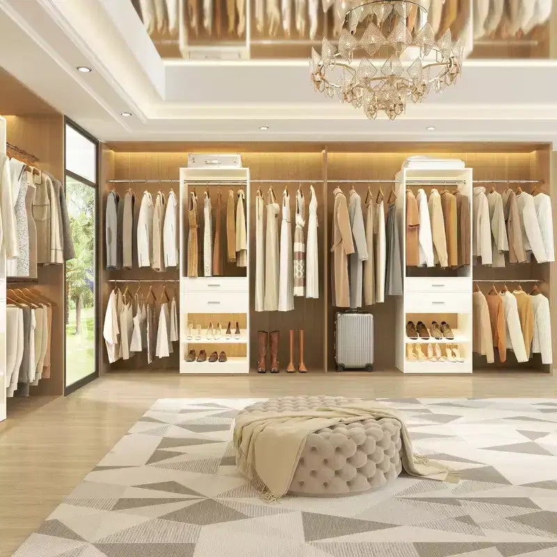 8FT Closet Organizer with Extendable Hanging Rod, Wood Closet System with Drawer