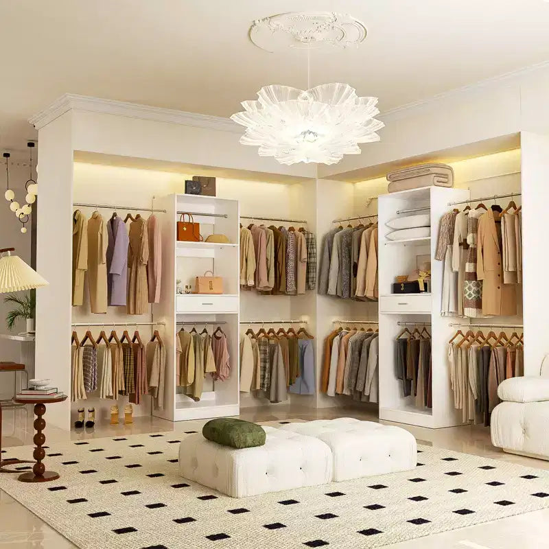 8FT Closet Organizer with Extendable Hanging Rod, Wood Closet System with Drawer