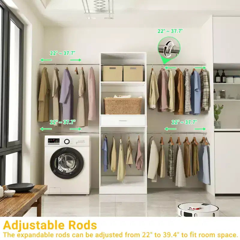 8FT Closet Organizer with Extendable Hanging Rod, Wood Closet System with Drawer
