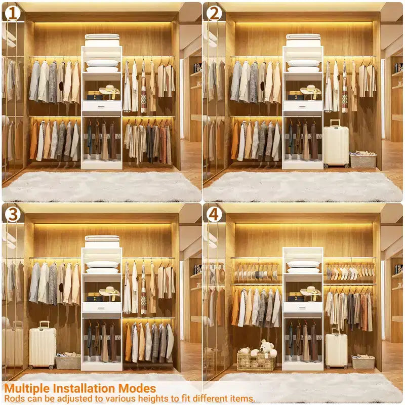 8FT Closet Organizer with Extendable Hanging Rod, Wood Closet System with Drawer