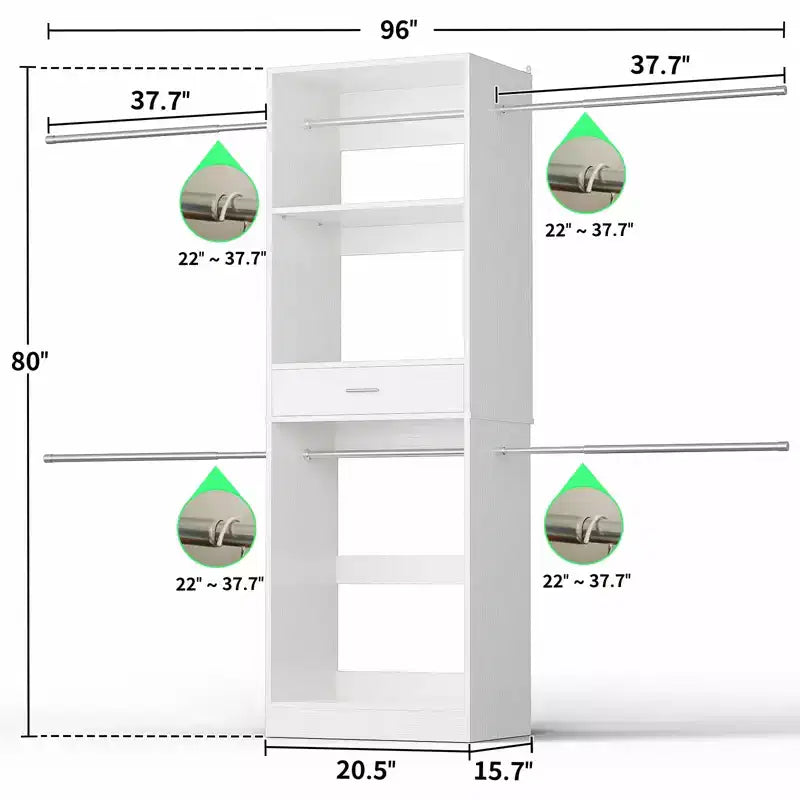 8FT Closet Organizer with Extendable Hanging Rod, Wood Closet System with Drawer