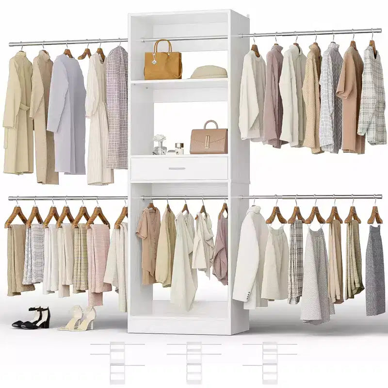 8FT Closet Organizer with Extendable Hanging Rod, Wood Closet System with Drawer