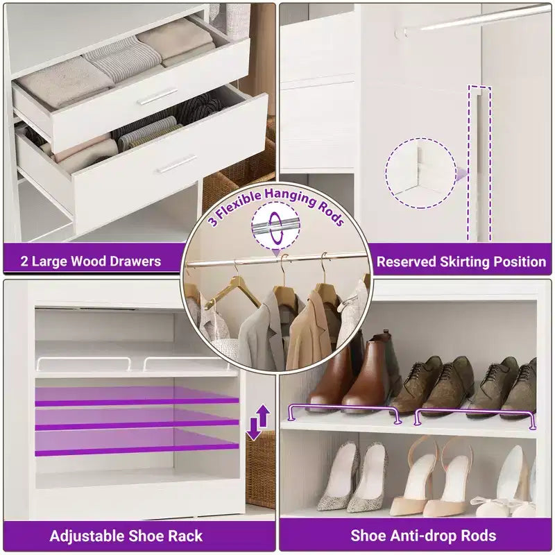 8FT Closet Organizer with Extendable Hanging Rod, Wood Closet System with Drawer