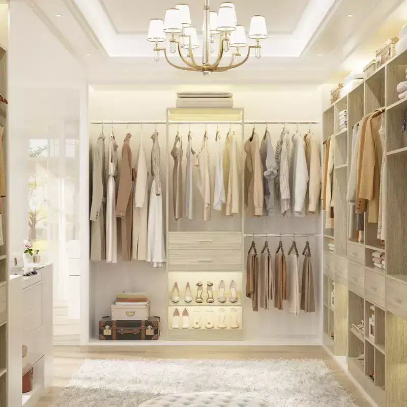 8FT Closet Organizer with Extendable Hanging Rod, Wood Closet System with Drawer