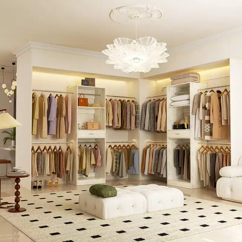 8FT Closet Organizer with Extendable Hanging Rod, Wood Closet System with Drawer