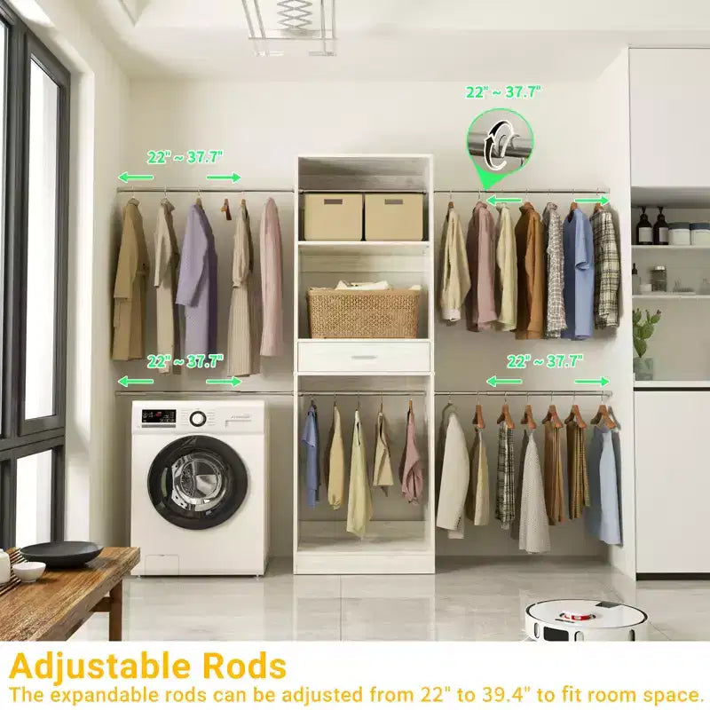 8FT Closet Organizer with Extendable Hanging Rod, Wood Closet System with Drawer