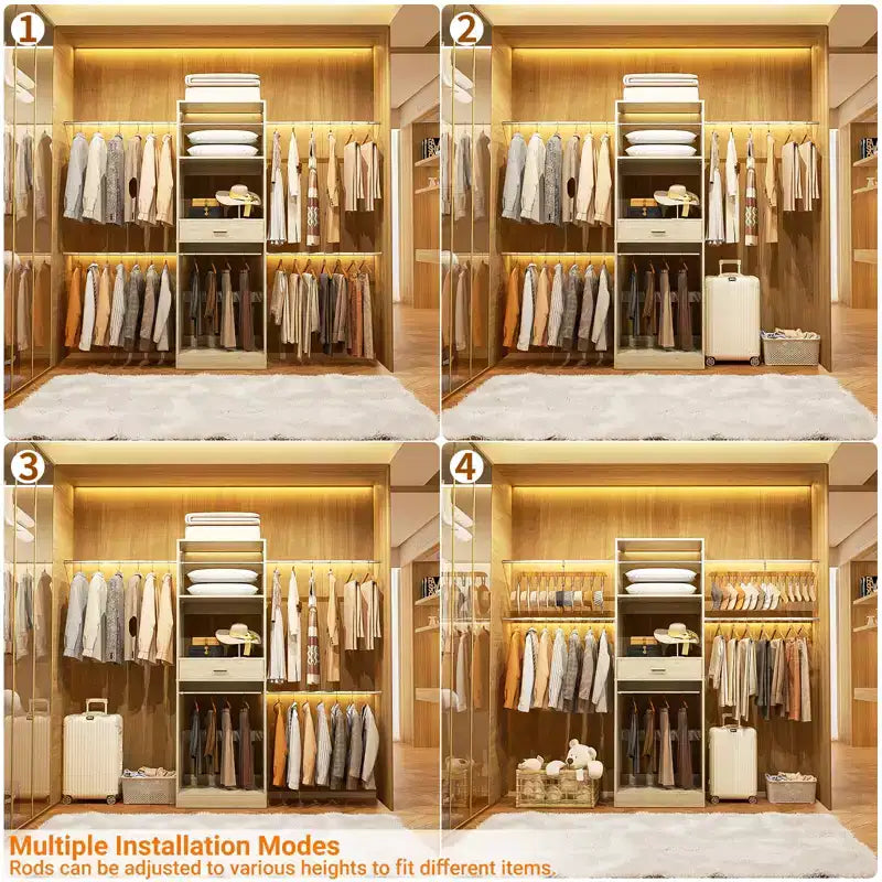8FT Closet Organizer with Extendable Hanging Rod, Wood Closet System with Drawer