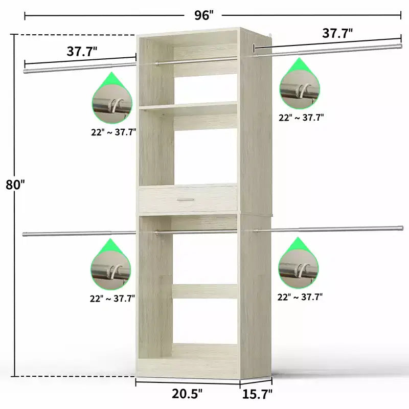 8FT Closet Organizer with Extendable Hanging Rod, Wood Closet System with Drawer
