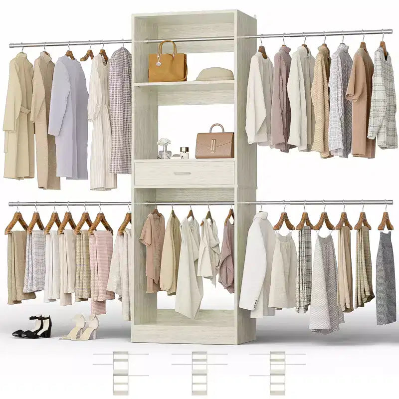 8FT Closet Organizer with Extendable Hanging Rod, Wood Closet System with Drawer