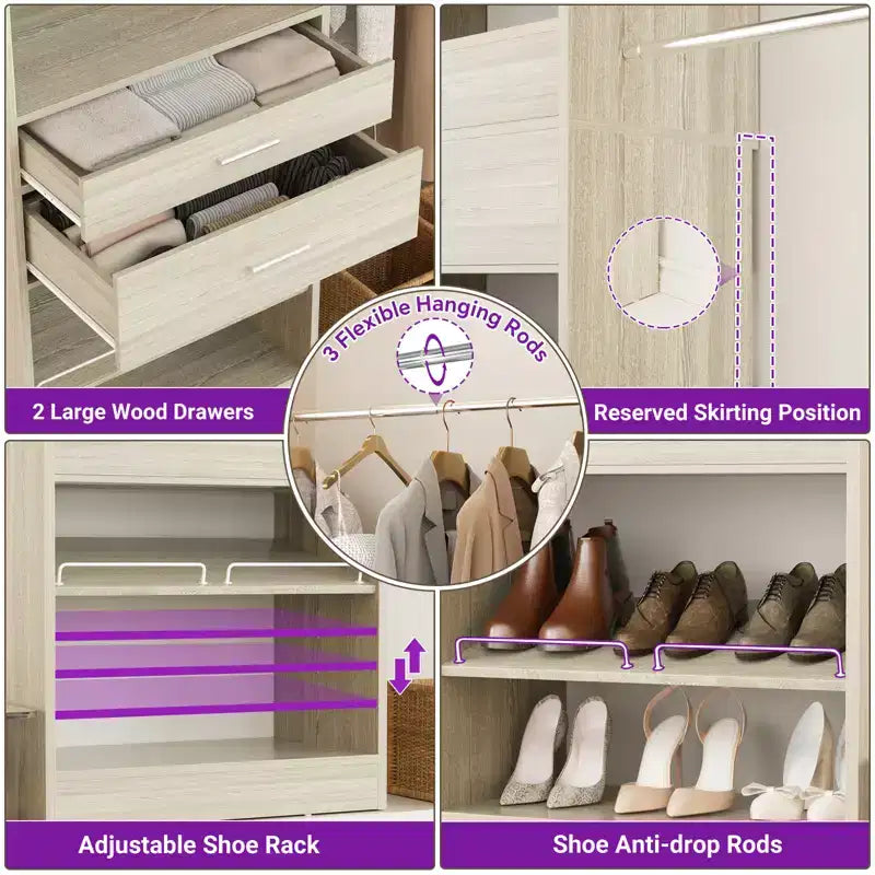 8FT Closet Organizer with Extendable Hanging Rod, Wood Closet System with Drawer