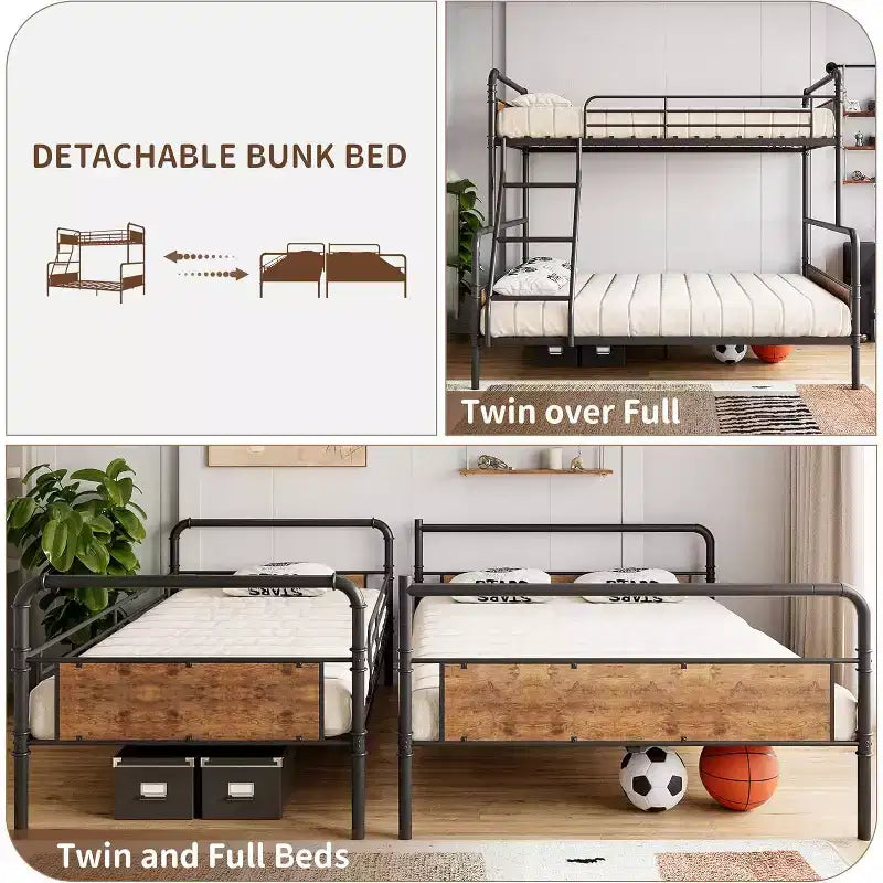 Metal Bunk Bed Twin Over Full Size with Angled Ladder, High Guardrail, Heavy Duty Bunk Bed Frame with Metal Slats, Smooth Rounded Edges,Vintage Brown