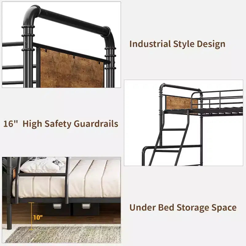 Metal Bunk Bed Twin Over Full Size with Angled Ladder, High Guardrail, Heavy Duty Bunk Bed Frame with Metal Slats, Smooth Rounded Edges,Vintage Brown