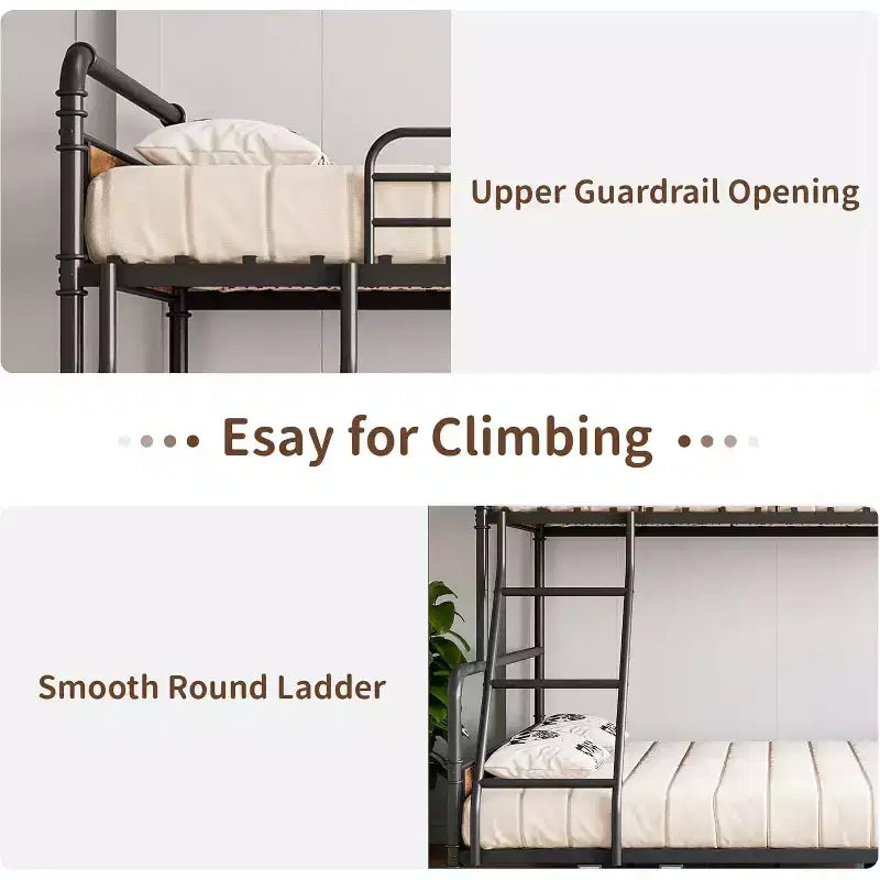 Metal Bunk Bed Twin Over Full Size with Angled Ladder, High Guardrail, Heavy Duty Bunk Bed Frame with Metal Slats, Smooth Rounded Edges,Vintage Brown