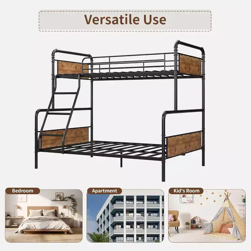 Metal Bunk Bed Twin Over Full Size with Angled Ladder, High Guardrail, Heavy Duty Bunk Bed Frame with Metal Slats, Smooth Rounded Edges,Vintage Brown