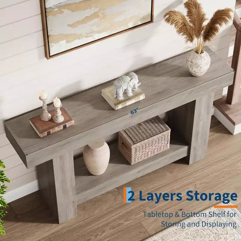 63 in Long Console Table for Entryway, Wood Farmhouse Console Table for Living Room, 2-Tier Large Sofa Table with Storage, Wooden Table for Entrance