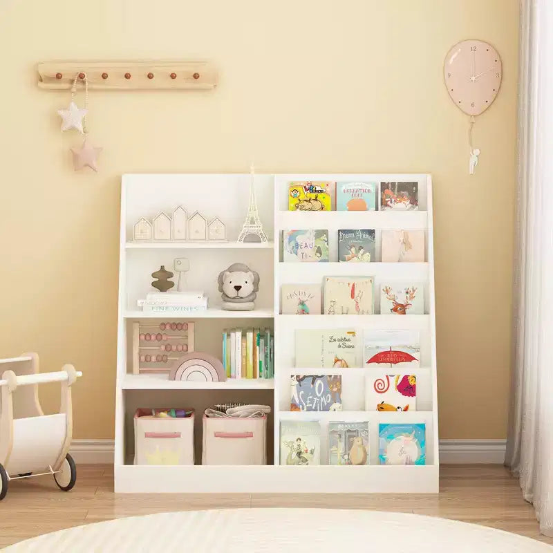 Kids Bookshelf and Toy Storage Organizer, Multifunctional 4 Tier Wooden Kids Book Shelf with Bookcase Display Stand in Kids Room Playroom Nursery