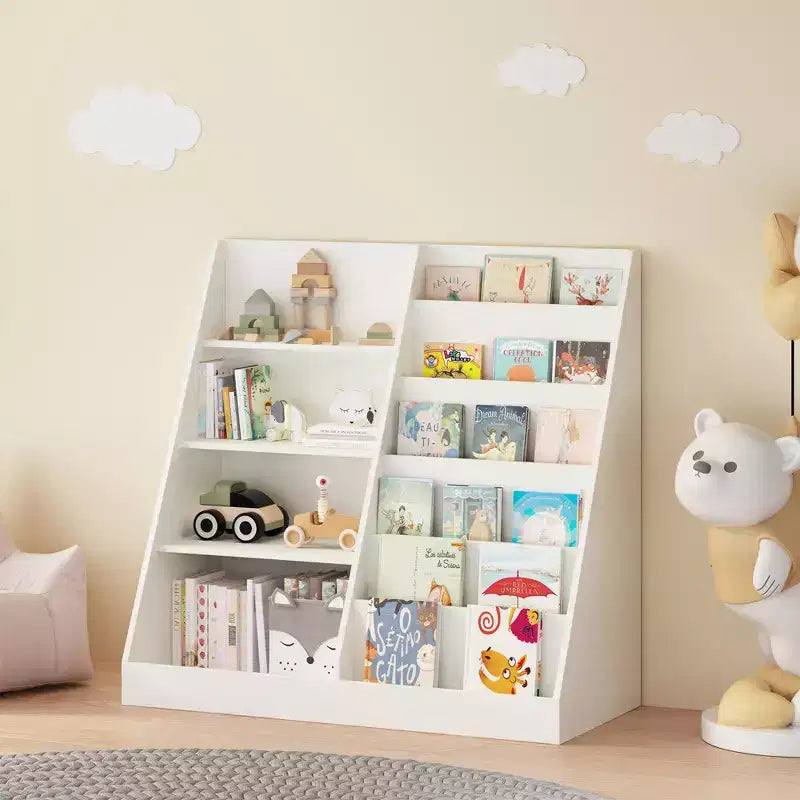 Kids Bookshelf and Toy Storage Organizer, Multifunctional 4 Tier Wooden Kids Book Shelf with Bookcase Display Stand in Kids Room Playroom Nursery