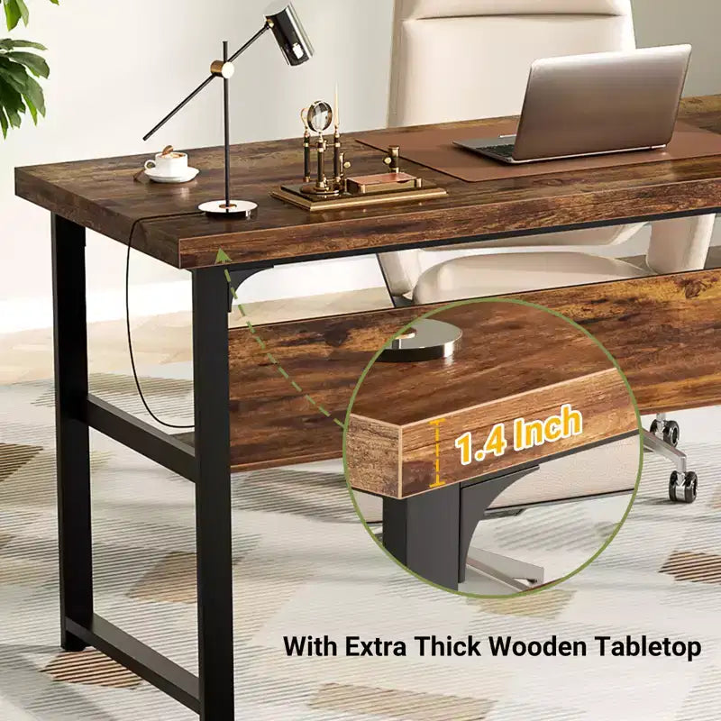 53'' Computer Desk with Charging Station and Thickened Desktop