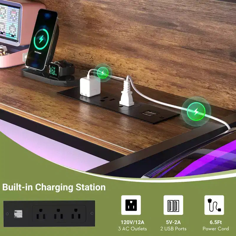 53'' Computer Desk with Charging Station and Thickened Desktop