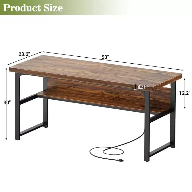 53'' Computer Desk with Charging Station and Thickened Desktop