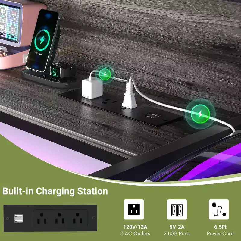 53'' Computer Desk with Charging Station and Thickened Desktop