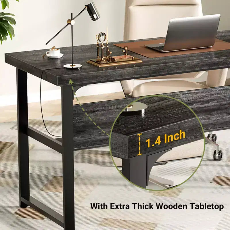 53'' Computer Desk with Charging Station and Thickened Desktop
