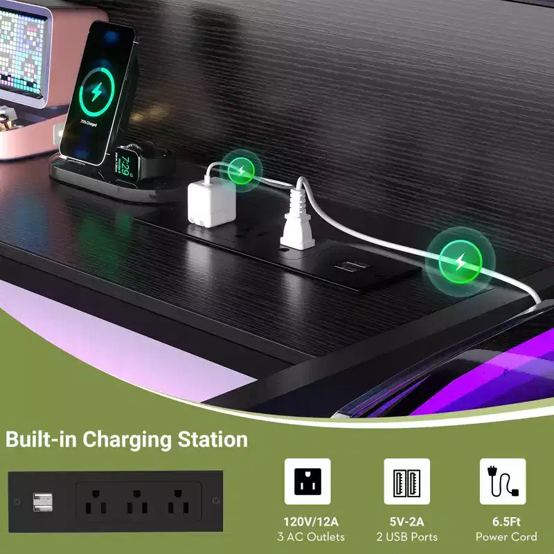 53'' Computer Desk with Charging Station and Thickened Desktop