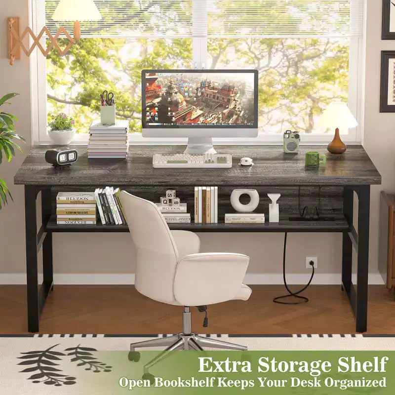 53'' Computer Desk with Charging Station and Thickened Desktop