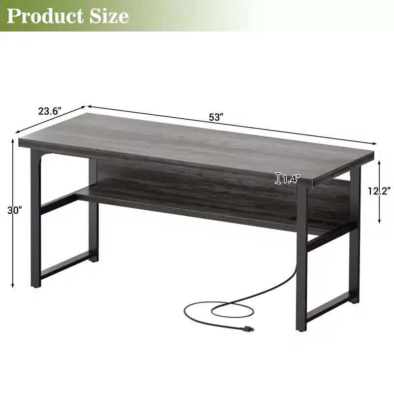 53'' Computer Desk with Charging Station and Thickened Desktop