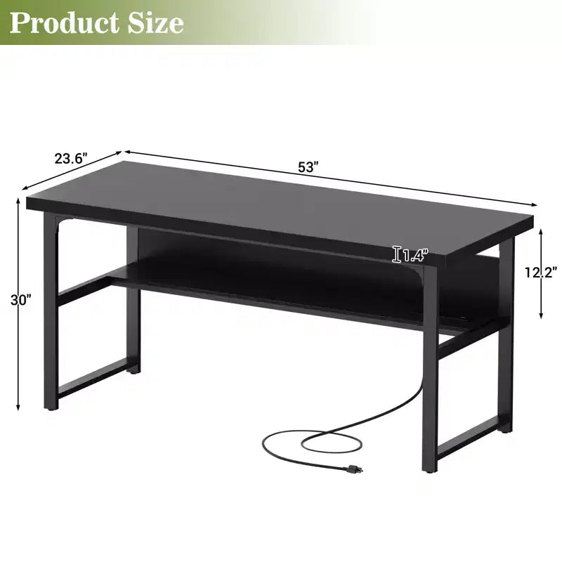 53'' Computer Desk with Charging Station and Thickened Desktop