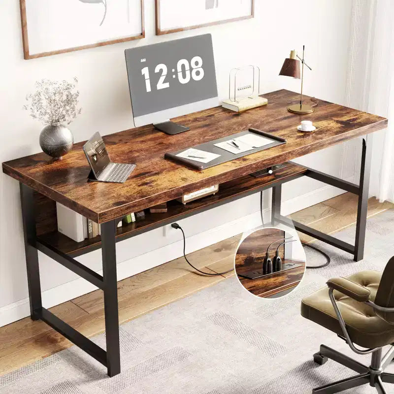 53'' Computer Desk with Charging Station and Thickened Desktop