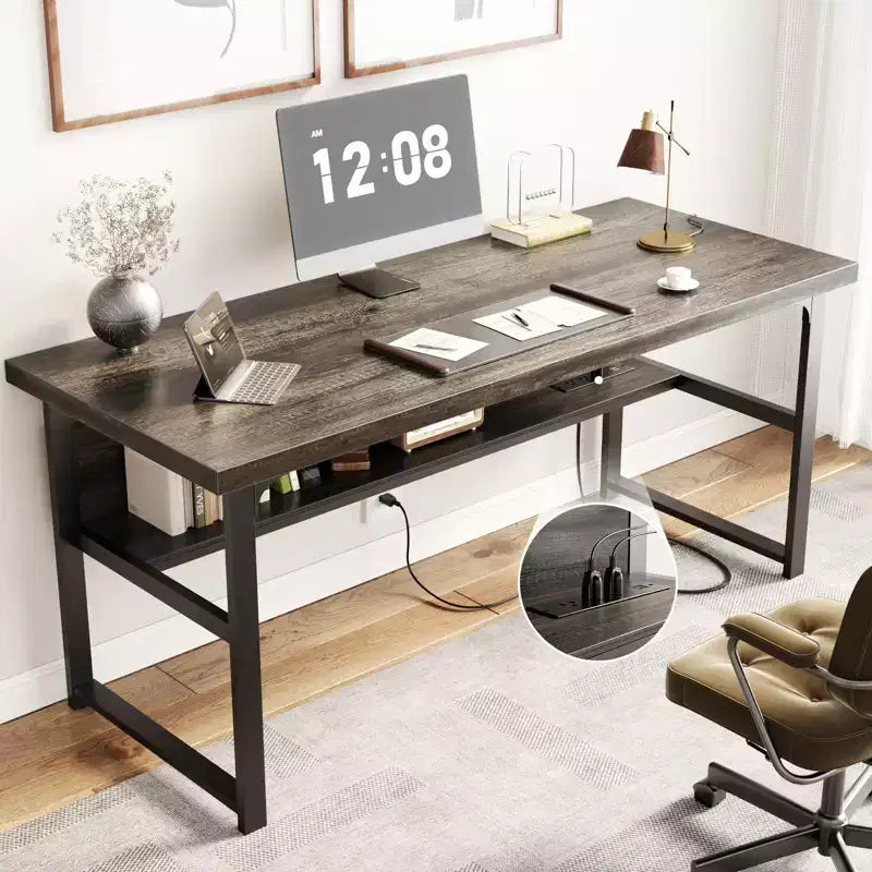 53'' Computer Desk with Charging Station and Thickened Desktop