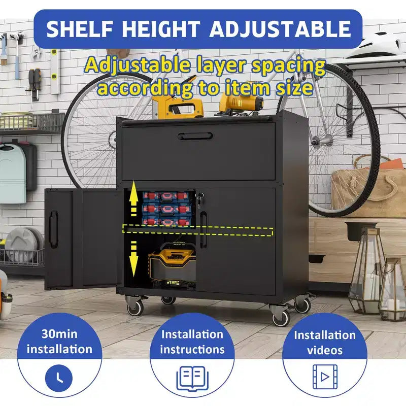 35 Rolling Steel Tool Cabinet - Heavy-Duty Metal Storage with Top Fence, Locking Casters & Adjustable Shelf for Garage & Workshop, Black
