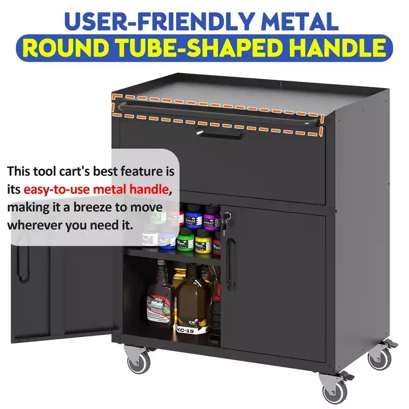 35 Rolling Steel Tool Cabinet - Heavy-Duty Metal Storage with Top Fence, Locking Casters & Adjustable Shelf for Garage & Workshop, Black